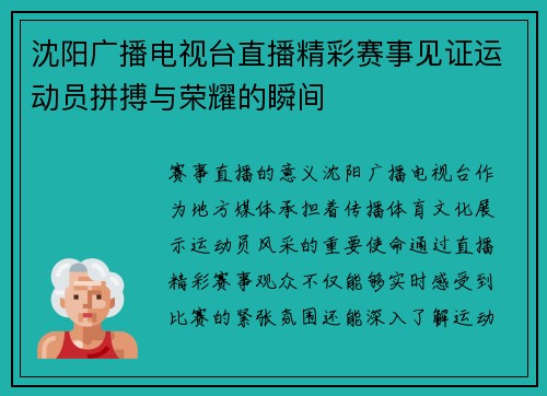 沈阳广播电视台直播精彩赛事见证运动员拼搏与荣耀的瞬间